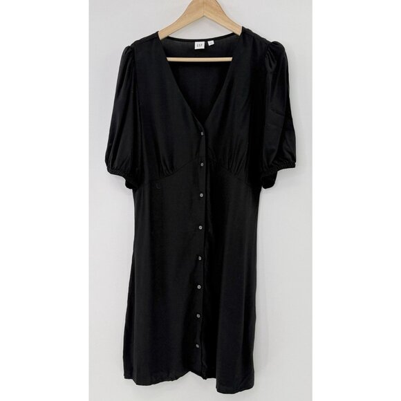 GAP Women’s Black Puff Sleeve Button Mini Dress Size L Preppy Normcore Simple - Picture 2 of 12